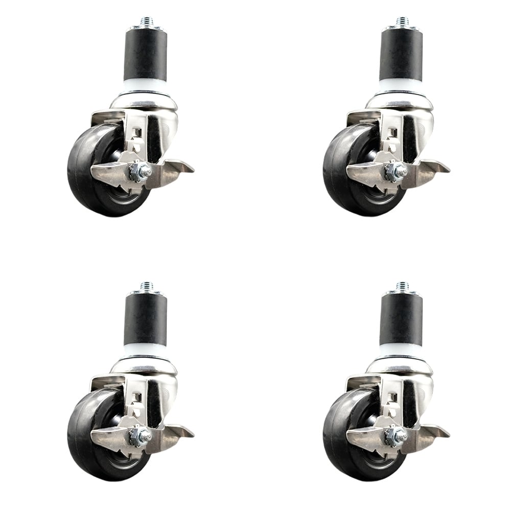 Soft Rubber Swivel Stem Caster with 3 in. Caster Wheels 1.75 in. Expanding Stems 316 Stainless Steel Casters - Set of 4