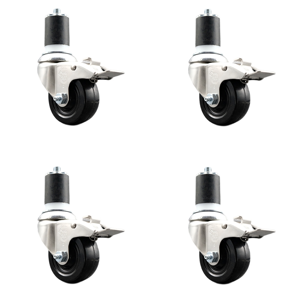 Soft Rubber Swivel Stem Caster with 3 in. Caster Wheels 1.75 in. Expanding Stems 316 Stainless Steel Casters - Set of 4