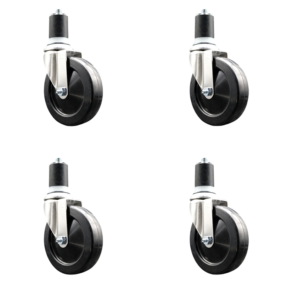 Soft Rubber Swivel Stem Caster with 5 in. Black Caster Wheels 1.75 in. Expanding Stems 316 Stainless Steel Casters - Set of 4