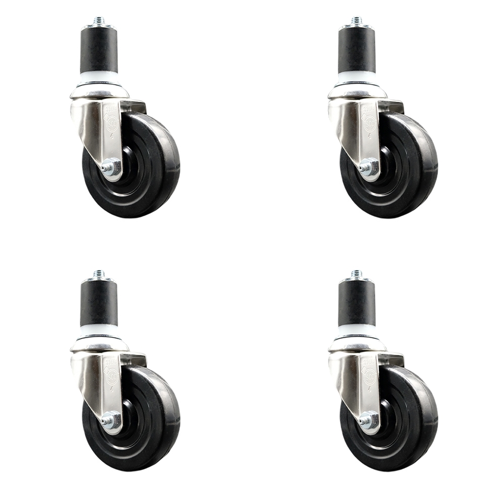 Soft Rubber Swivel Stem Caster with 4 in. Black Caster Wheels 1.87 in. Expanding Stems 316 Stainless Steel Casters - Set of 4
