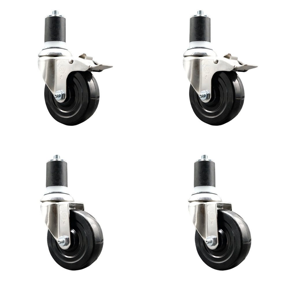 Soft Rubber Swivel Stem Caster with 4 in. Caster Wheels 1.87 in. Expanding Stem 316 Stainless Steel Casters - Set of 4