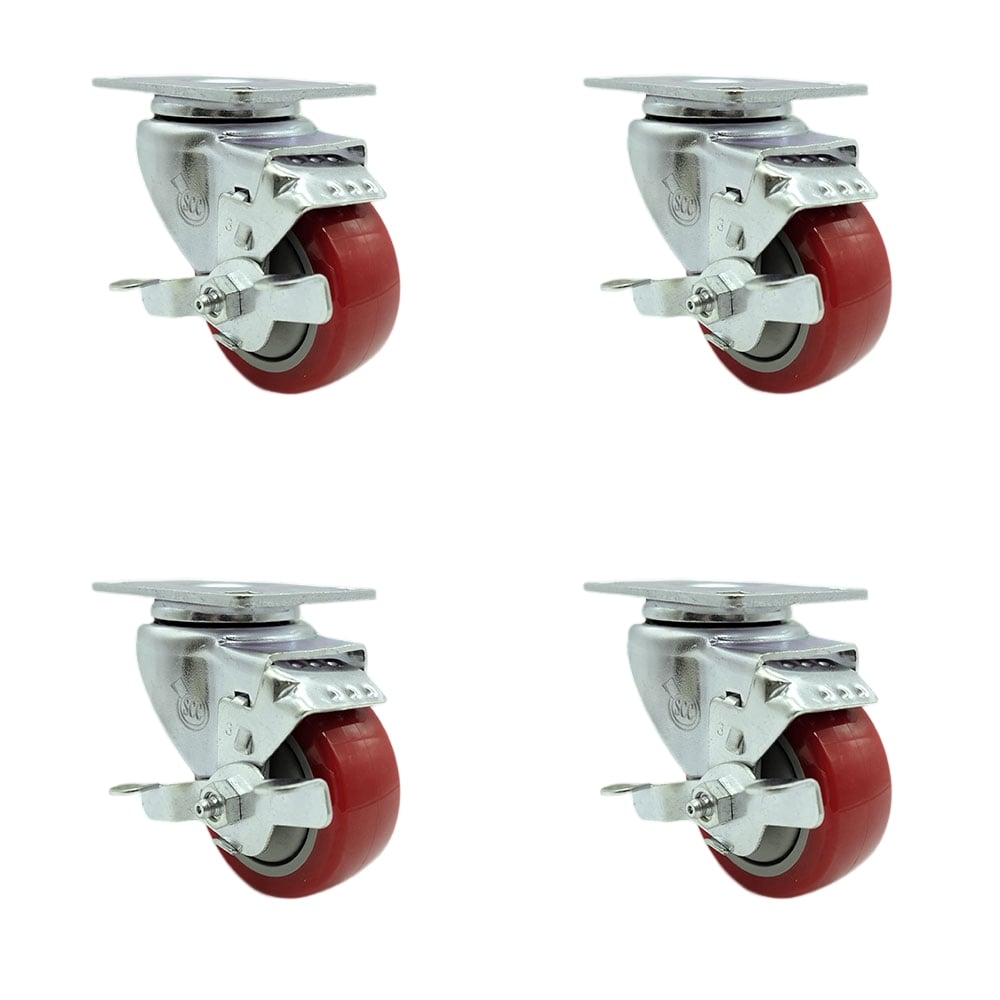 SCC-20S314-PPUB-RED-TLB-TP2-4 Swivel Caster with Brakes & 3 in. Red Polyurethane Wheel - 3.13 x 4.13 in. Overall Top Plate - Set of 4