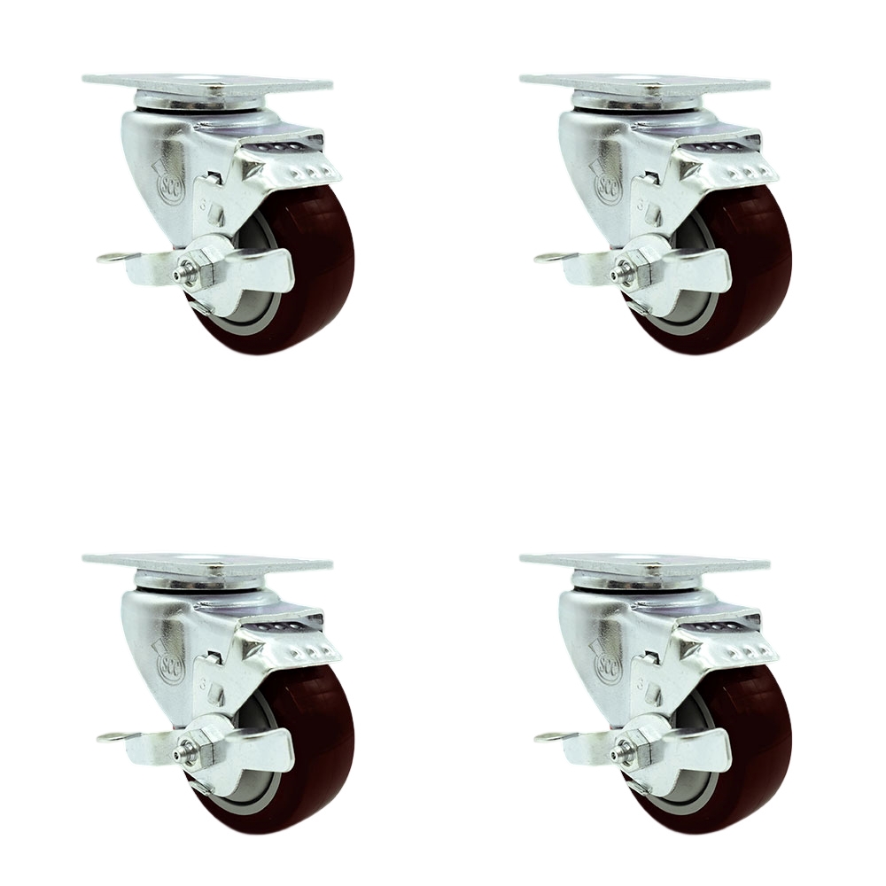 SCC-20S3514-PPUB-MRN-TLB-TP3-4 Swivel Caster with Brakes & 3.5 in. Maroon Polyurethane Wheel - 4 x 4.5 in. Overall Top Plate - Set of 4