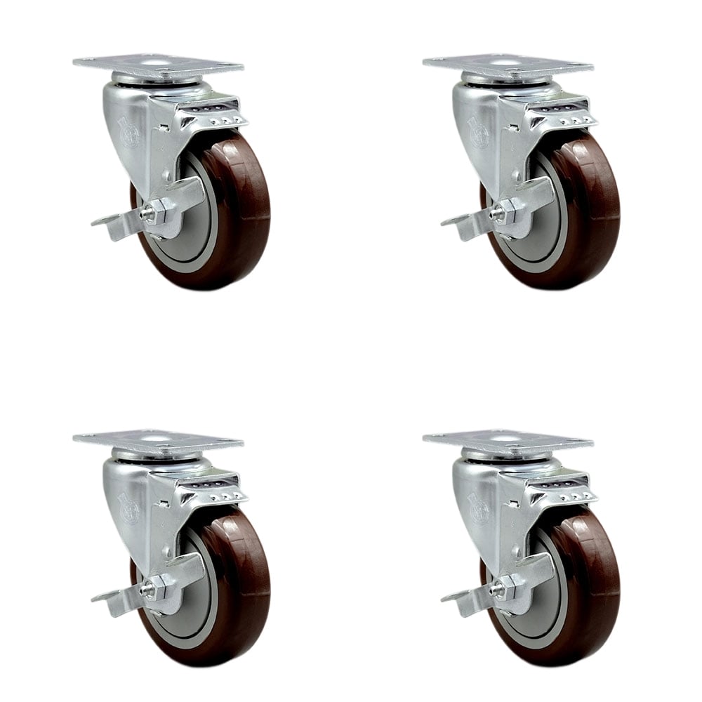 SCC-20S414-PPUB-MRN-TLB-TP3-4 Swivel Caster with Brakes & 4 in. Maroon Polyurethane Wheel - 4 x 4.5 in. Overall Top Plate - Set of 4