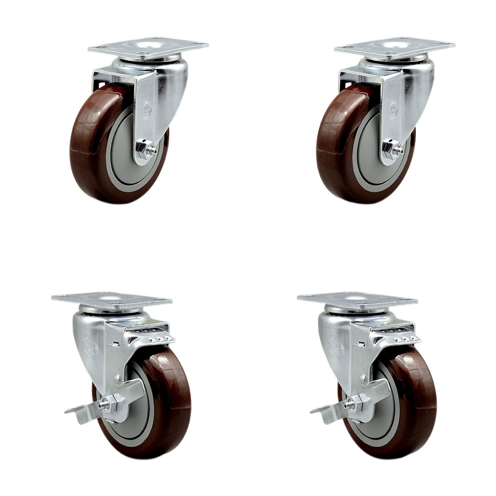 SCC-20S414-PPUB-MRN-TP3-2-TLB-2 Swivel Caster with 2 Brakes, 4 in. Maroon Polyurethane Wheel - 4 x 4.5 in. Overall Top Plate - Set of 4