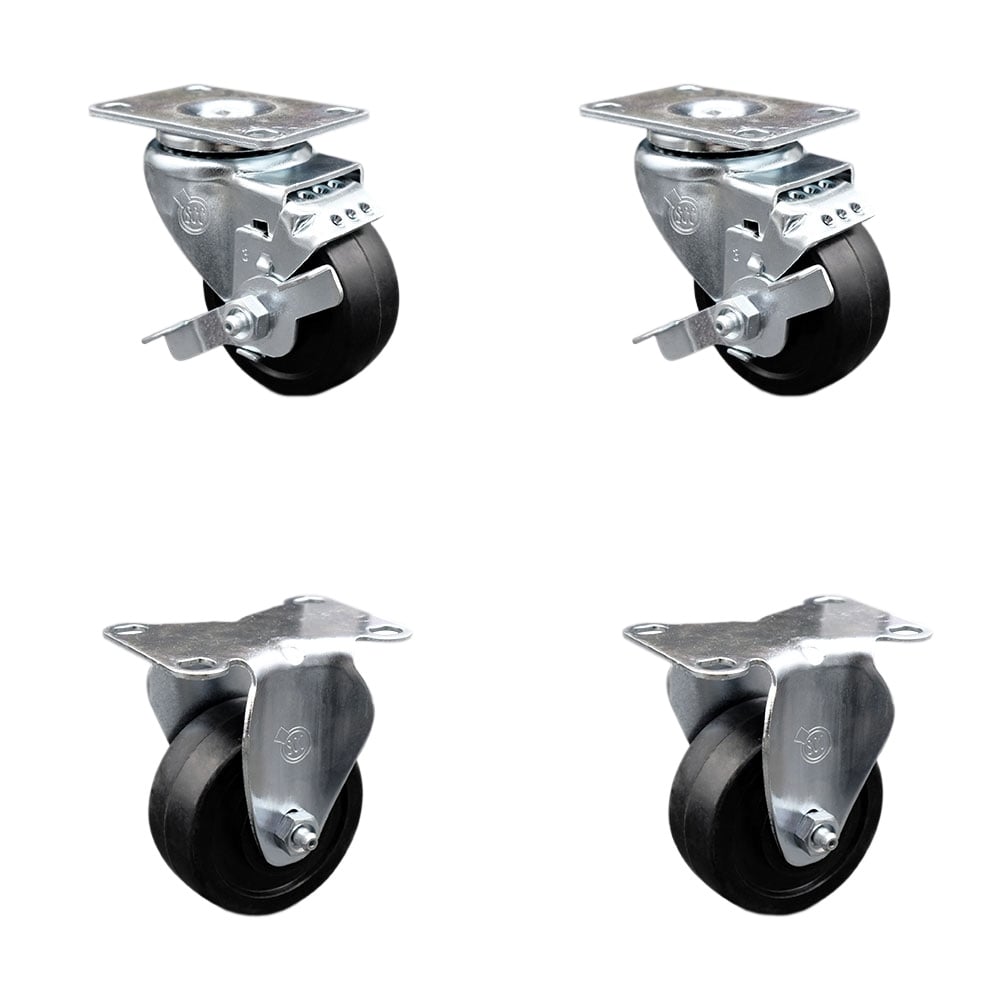 SCC-20S314-SRS-TLB-TP3-2-R-2 Swivel Caster with 2 Brakes & 2 Rigid, 3 in. Soft Rubber Wheel - 4 x 4.5 in. Overall Top Plate - Set of 4