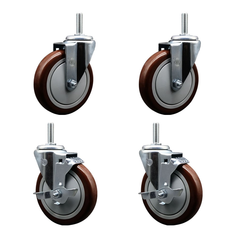 SCC-TS20S514-PPUB-MRN-34212-2-TLB-2 Polyurethane Swivel Threaded Stem Caster with 5 x 1.25 in. Maroon Wheels & 0.75 in. Stems - Set of 4