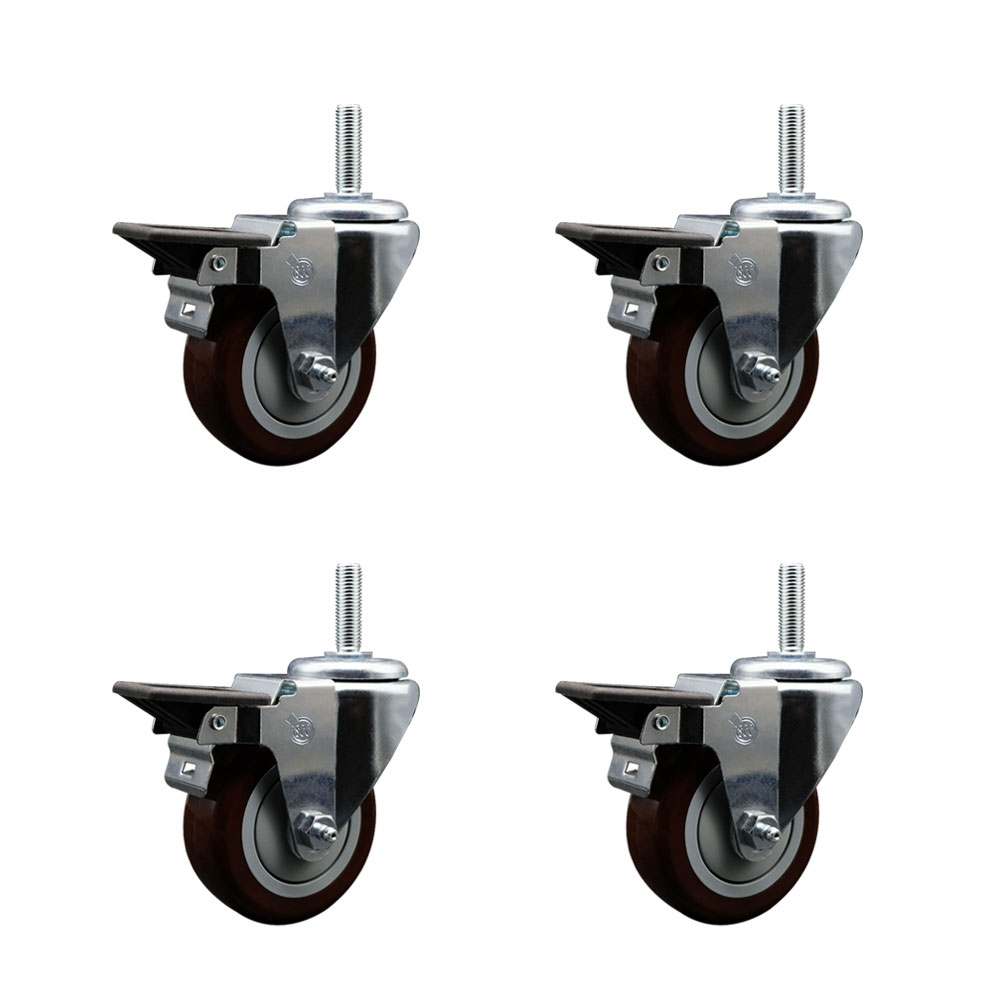 SCC-TS20S3514-PPUB-MRN-PLB-58212-4 Polyurethane Swivel Threaded Stem Caster with 3.5 x 1.25 in. Maroon Wheels & 0.63 in. Stems - Set of 4