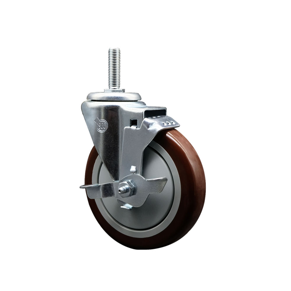 SCC-TS20S514-PPUB-MRN-TLB-58212 Polyurethane Swivel Threaded Stem Caster with 5 x 1.25 in. Maroon Wheel & 0.63 in. Stem & Top Locking Brake