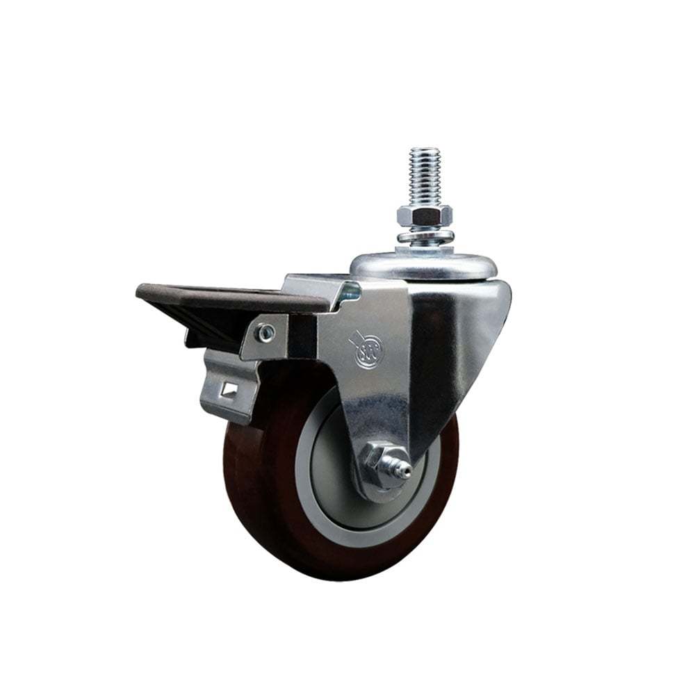 SCC-TS20S3514-PPUB-MRN-PLB-M1015 Polyurethane Swivel Threaded Stem Caster with 3.5 x 1.25 in. Maroon Wheel & 10 mm Stem & Posi Locking Brake