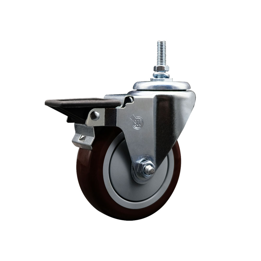 SCC-TS20S514-PPUB-MRN-PLB-M1215 Polyurethane Swivel Threaded Stem Caster with 5 x 1.25 in. Maroon Wheel & 12 mm Stem & Posi Locking Brake