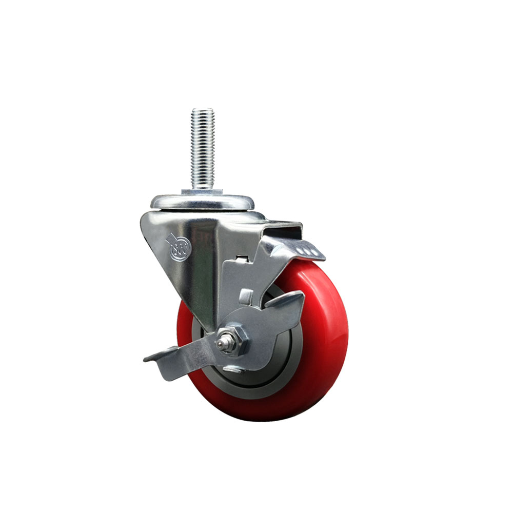 SCC-TS20S3514-PPUB-RED-TLB-34212 Polyurethane Swivel Threaded Stem Caster with 3.5 x 1.25 in. Red Wheel & 0.75 in. Stem & Top Locking Brake