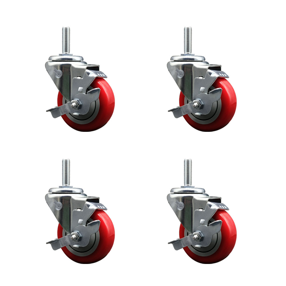 SCC-TS20S3514-PPUB-RED-TLB-34212-4 Polyurethane Swivel Threaded Stem Caster with 3.5 x 1.25 in. Red Wheels & 0.75 in. Stems - Set of 4