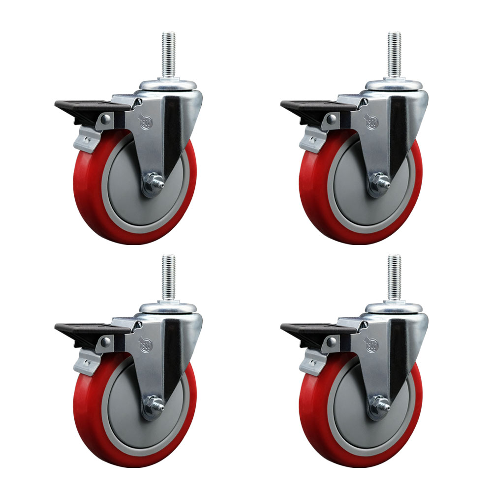 SCC-TS20S514-PPUB-RED-PLB-34212-4 Polyurethane Swivel Threaded Stem Caster with 5 x 1.25 in. Red Wheels & 0.75 in. Stems - Set of 4