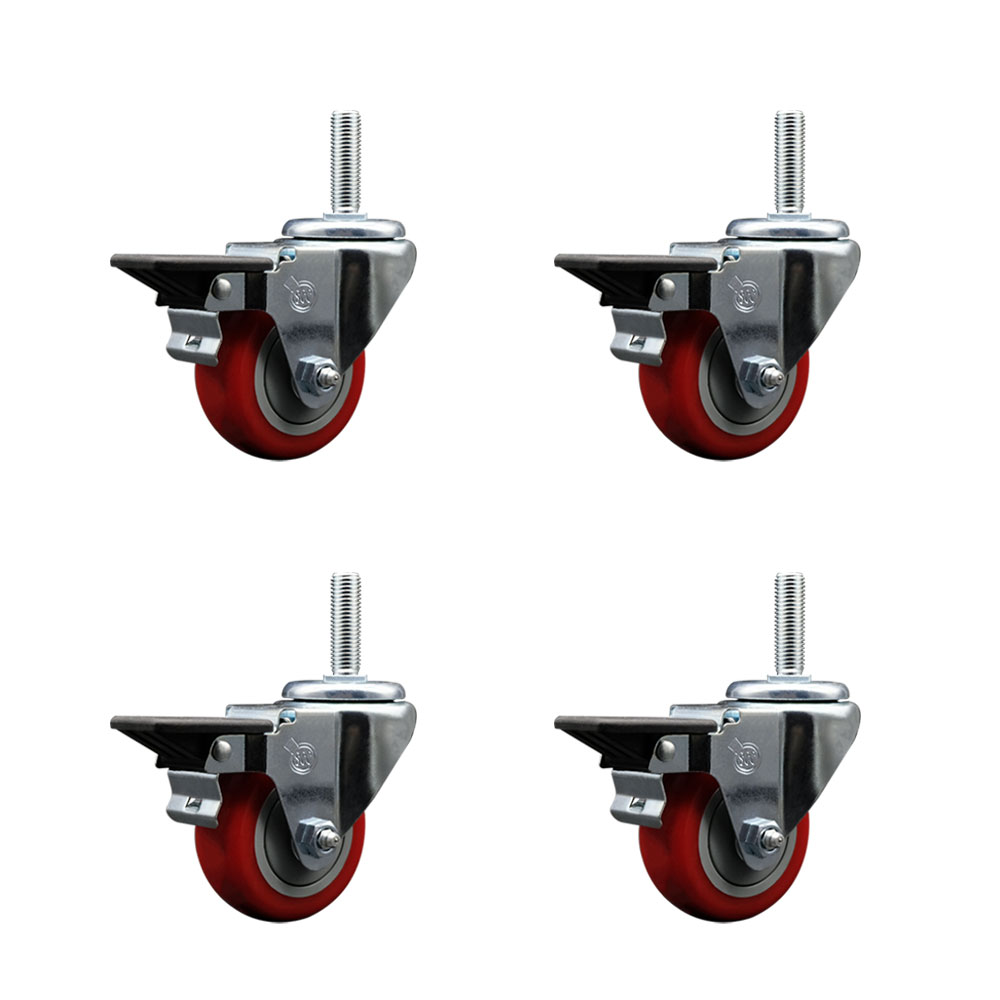 SCC-TS20S314-PPUB-RED-PLB-58212-4 Polyurethane Swivel Threaded Stem Caster with 3 x 1.25 in. Red Wheels & 0.63 in. Stems - Set of 4