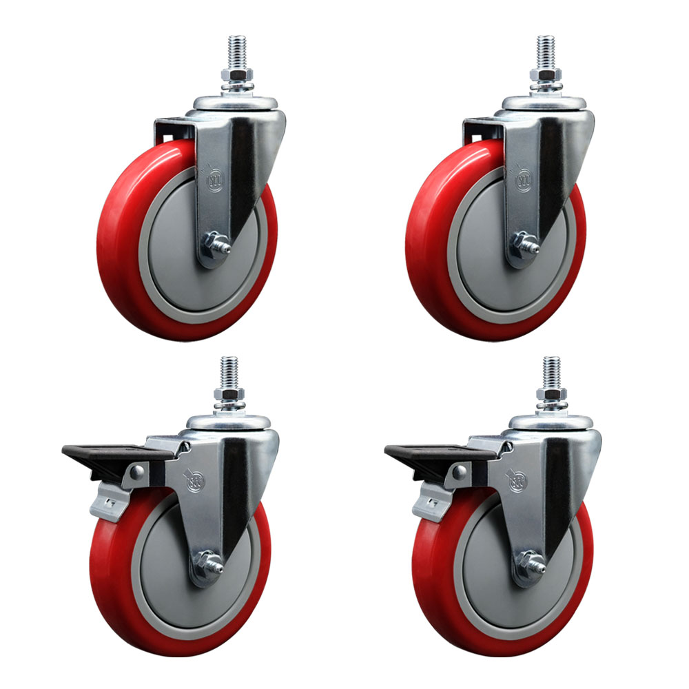 SCC-TS20S514-PPUB-RED-M1015-2-PLB-2 Polyurethane Swivel Threaded Stem Caster with 5 x 1.25 in. Red Wheels & 10 mm Stems - Set of 4