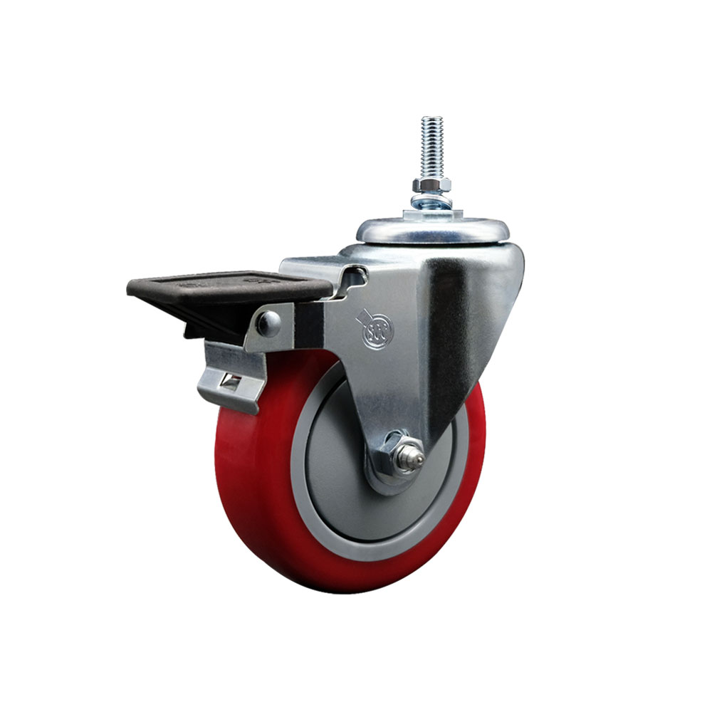 SCC-TS20S414-PPUB-RED-PLB-M1215 Polyurethane Swivel Threaded Stem Caster with 4 x 1.25 in. Red Wheel & 12 mm Stem & Posi Locking Brake
