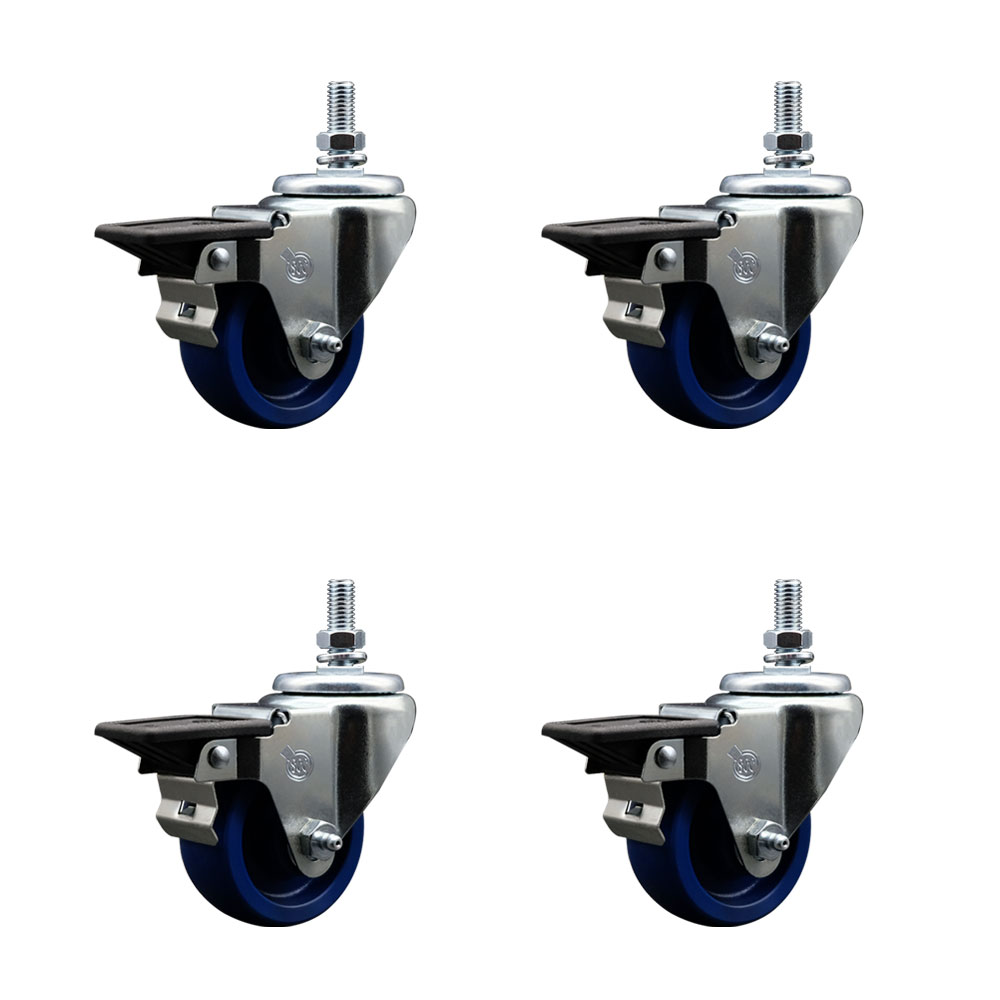 SCC-TS20S314-SPUS-PLB-M1015-4 Solid Polyurethane Swivel Threaded Stem Caster with 3 x 1.25 in. Blue Wheels & 10 mm Stems - Set of 4