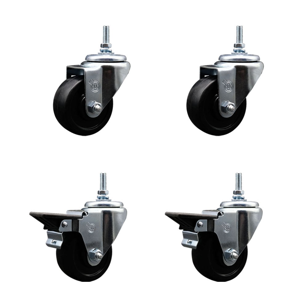 SCC-TS20S314-SRS-M1215-2-PLB-2 Soft Rubber Swivel Threaded Stem Caster with 3 x 1.25 in. Black Wheels & 12 mm Stems - Set of 4
