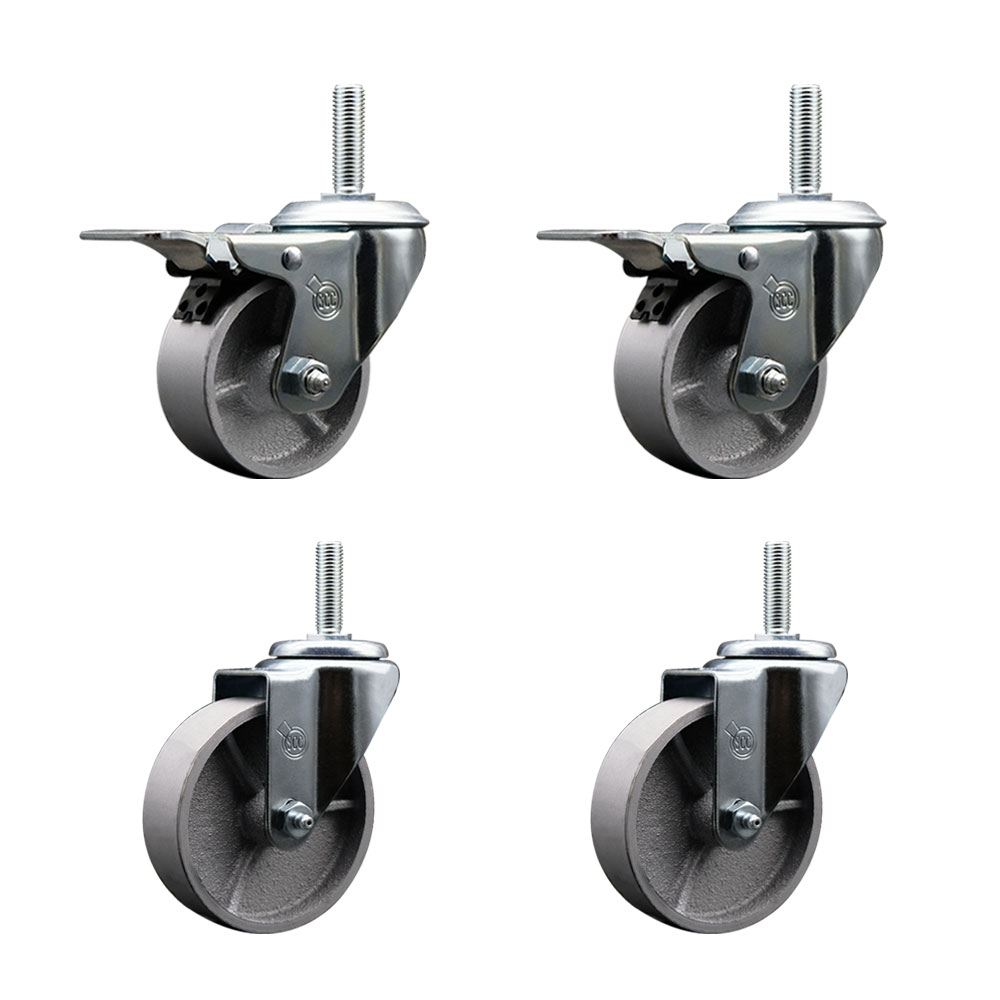 Semi Steel Cast Iron Swivel Threaded Stem Caster with Roller Bearing 4 x 1.5 in. Silver Wheels & 0.75 in. Stems - Set of 4