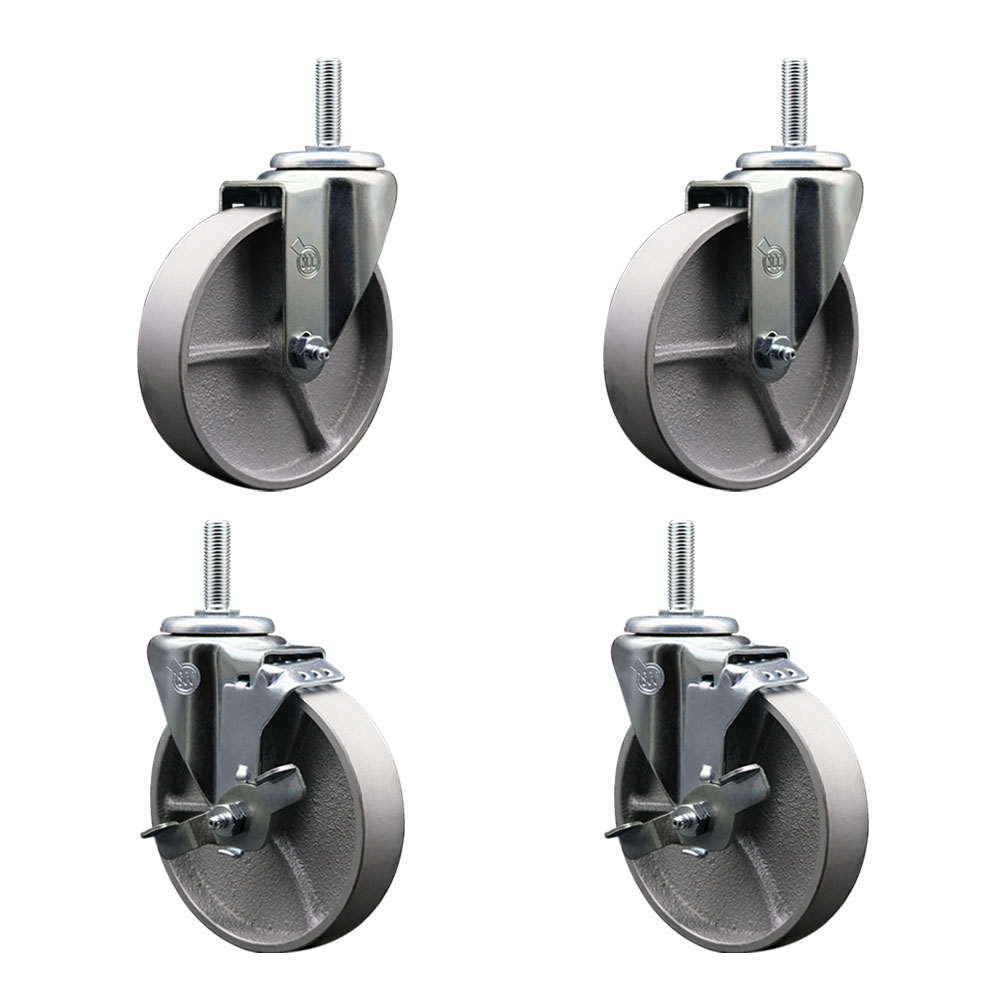 Semi Steel Cast Iron Swivel Threaded Stem Caster with Roller Bearing 5 x 1.5 in. Silver Wheels & 0.75 in. Stems - Set of 4