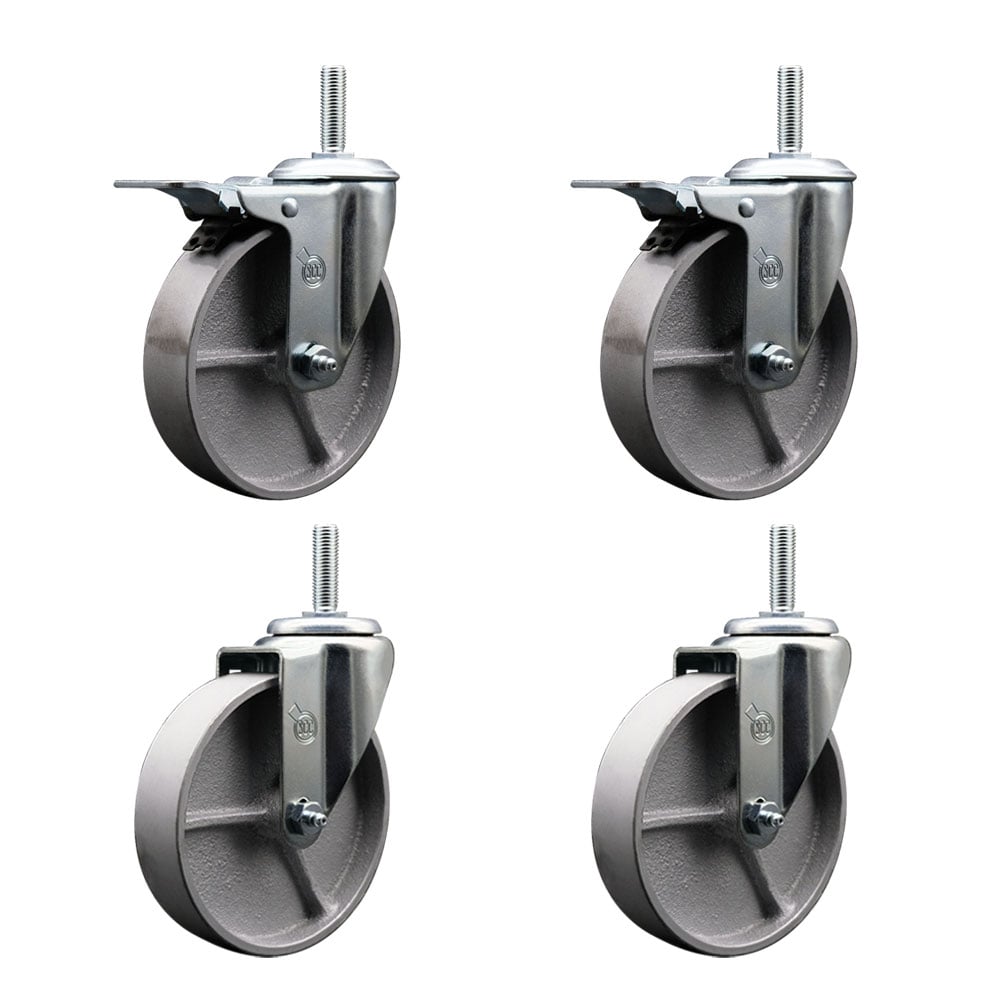Semi Steel Cast Iron Swivel Threaded Stem Caster with Roller Bearing 5 x 1.5 in. Silver Wheels & 0.75 in. Stems - Set of 4