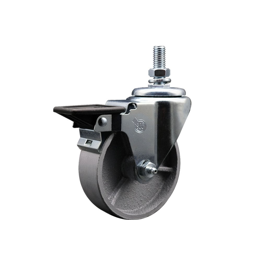 Semi Steel Cast Iron Swivel Threaded Stem Caster with Roller Bearing 4 x 1.25 in. Silver Wheel & 10 mm Stem & Posi Locking Brake
