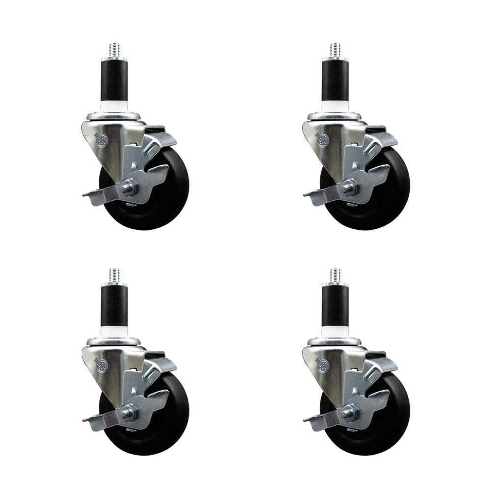 Stainless Steel Soft Rubber Swivel Expanding Stem Caster with 3.5 in. Black Wheels & 1.38 in. Stems 4 Swivel with Top Locking Brakes - Set of 4