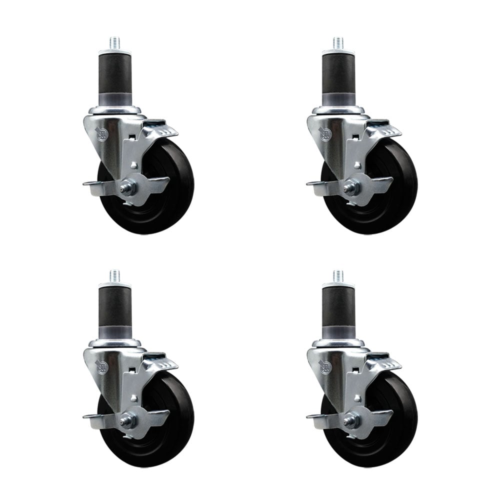 Stainless Steel Soft Rubber Swivel Expanding Stem Caster with 4 in. Black Wheels & 1.63 in. Stems, 4 Swivel with Top Locking Brakes - Set of 4