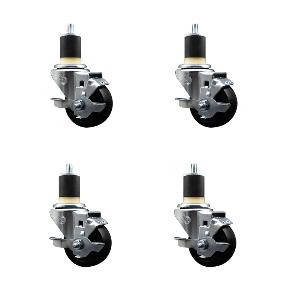 Stainless Steel Soft Rubber Swivel Expanding Stem Caster with 3 in. Black Wheels & 1.87 in. Stems, 4 Swivel with Top Locking Brakes - Set of 4