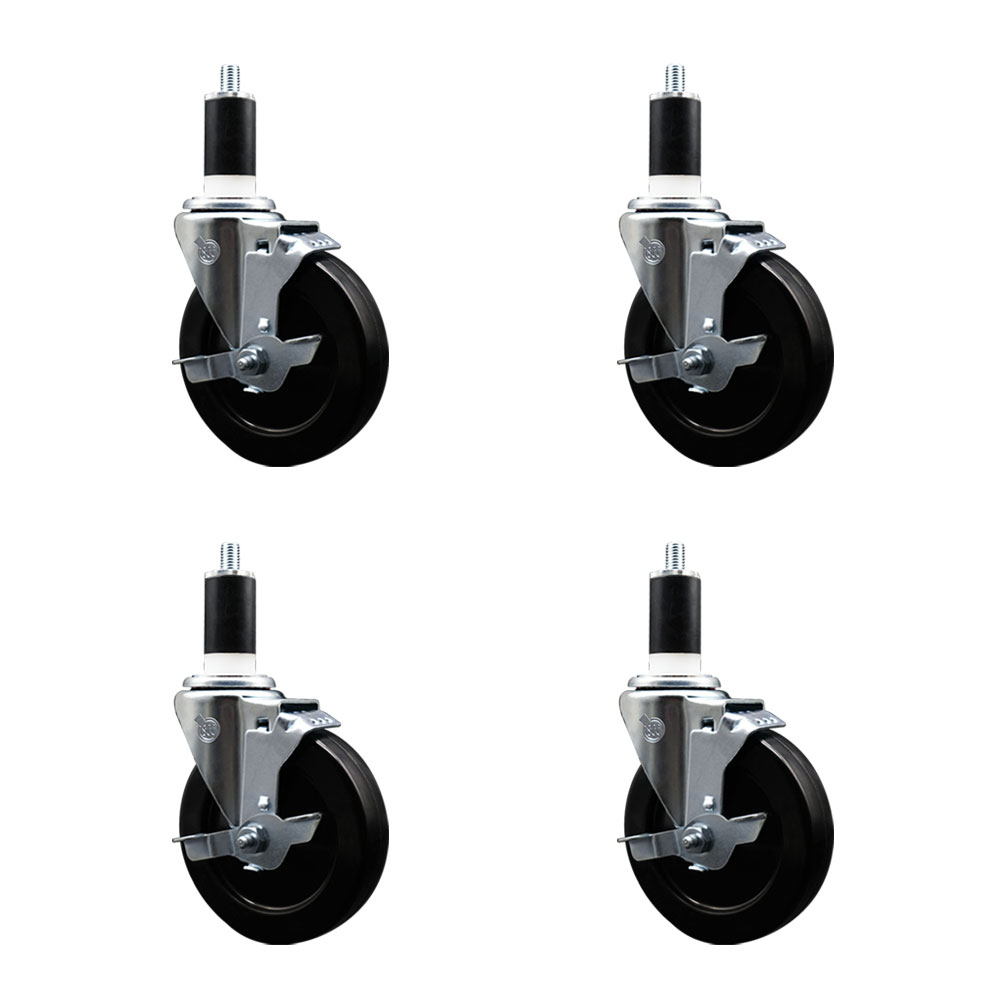 Stainless Steel Soft Rubber Swivel Expanding Stem Caster with 5 in. Black Wheels & 1.38 in. Stems 4 Swivel with Top Locking Brakes - Set of 4