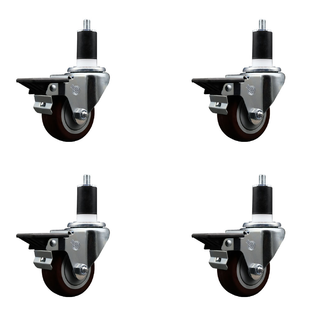 SCC-EX20S314-PPUB-MRN-PLB-112-4 Polyurethane Swivel Expanding Stem Caster with 3 in. Maroon Wheels & 1.5 in. Stems - Set of 4