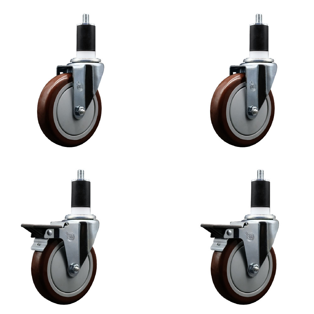 SCC-EX20S514-PPUB-MRN-2-PLB-2-112 Polyurethane Swivel Expanding Stem Caster with 5 in. Maroon Wheels & 1.5 in. Stems - Set of 4