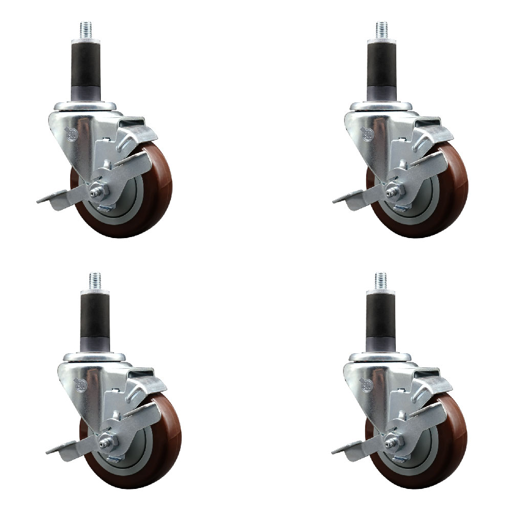 Stainless Steel Polyurethane Swivel Expanding Stem Caster with 3.5 in. Maroon Wheels & 1.25 in. Stems 4 Swivel with Top Locking Brakes - Set of 4