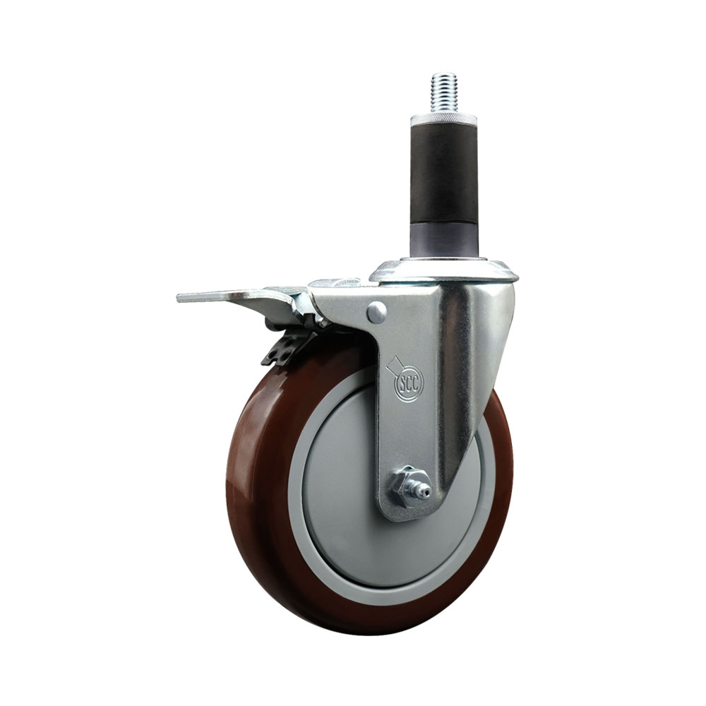 Stainless Steel Polyurethane Expanding Stem Swivel Caster with 5 in. Maroon Wheel & 1.25 in. Stem & Total Locking Brake