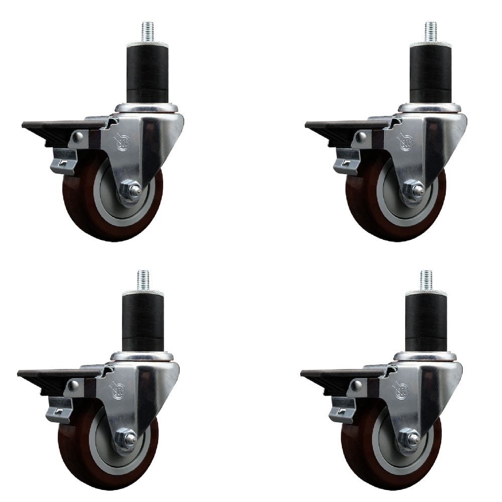 SCC-EX20S3514-PPUB-MRN-PLB-134-4 Polyurethane Swivel Expanding Stem Caster with 3.5 in. Maroon Wheels & 1.75 in. Stems - Set of 4