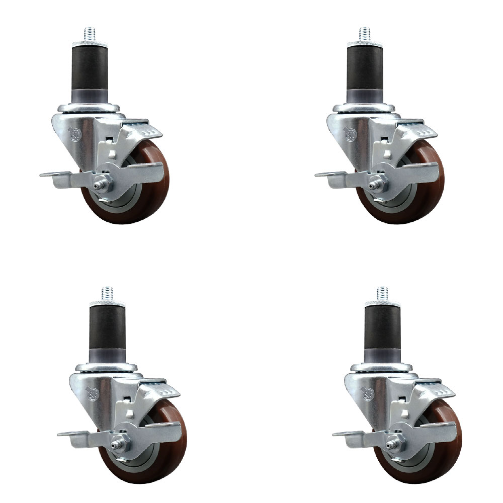 Stainless Steel Polyurethane Swivel Expanding Stem Caster with 3 in. Maroon Wheels & 1.63 in. Stems 4 Swivel with Top Locking Brakes - Set of 4
