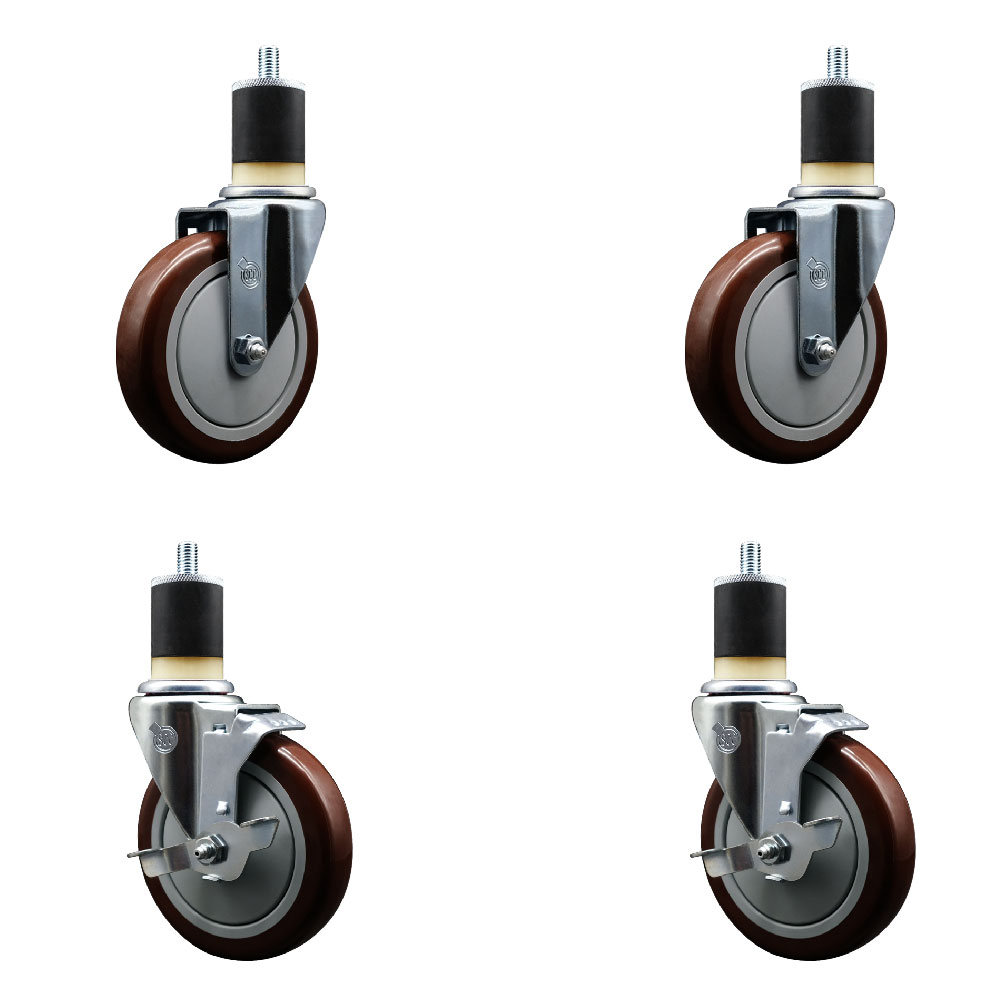 SCC-EX20S514-PPUB-MRN-2-TLB-2-178 Polyurethane Swivel Expanding Stem Caster with 5 in. Maroon Wheels & 1.87 in. Stems - Set of 4