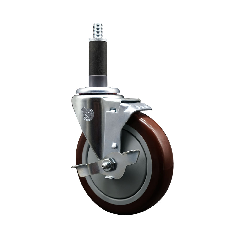 SCC-EX20S514-PPUB-MRN-TLB-1 Polyurethane Expanding Stem Swivel Caster with 5 in. Maroon Wheel & 1 in. Stem & Top Locking Brake