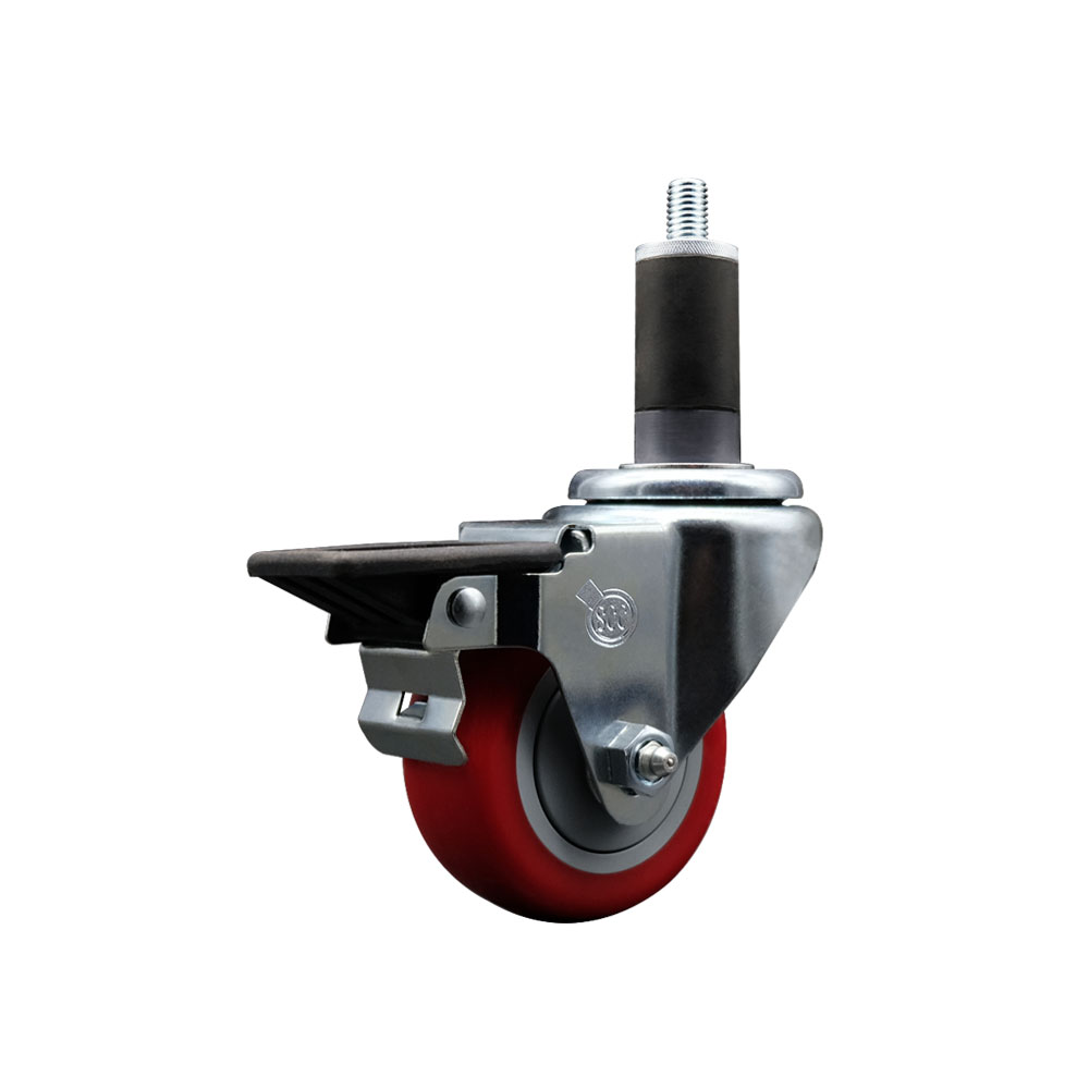 SCC-EX20S314-PPUB-RED-PLB-114 Polyurethane Expanding Stem Swivel Caster with 3 in. Red Wheel & 1.25 in. Stem & Posi Locking Brake