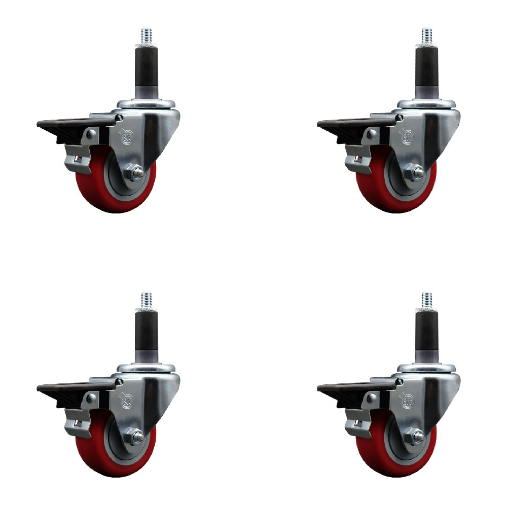 SCC-EX20S314-PPUB-RED-PLB-118-4 Polyurethane Swivel Expanding Stem Caster with 3 in. Red Wheels & 1.13 in. Stems - Set of 4