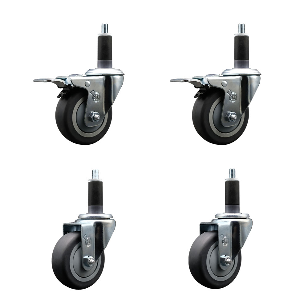 Stainless Steel Thermoplastic Rubber Swivel Expanding Stem Caster with 3.5 in. Gray Wheels & 1.13 in. Stems 2 with Total Locking Brakes - Set of 4