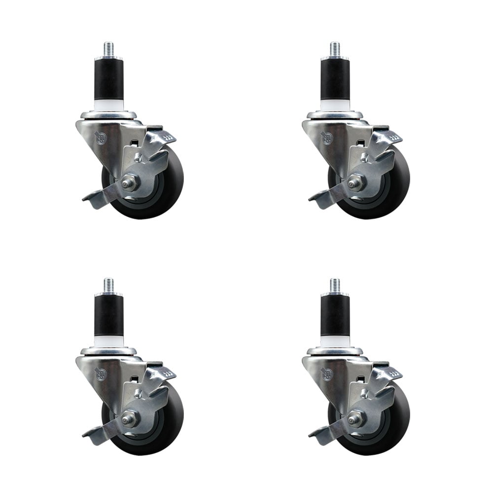 Stainless Steel Thermoplastic Rubber Swivel Expanding Stem Caster with 3 in. Gray Wheels & 1.5 in. Stems 4 Swivel with Top Locking Brakes - Set of 4