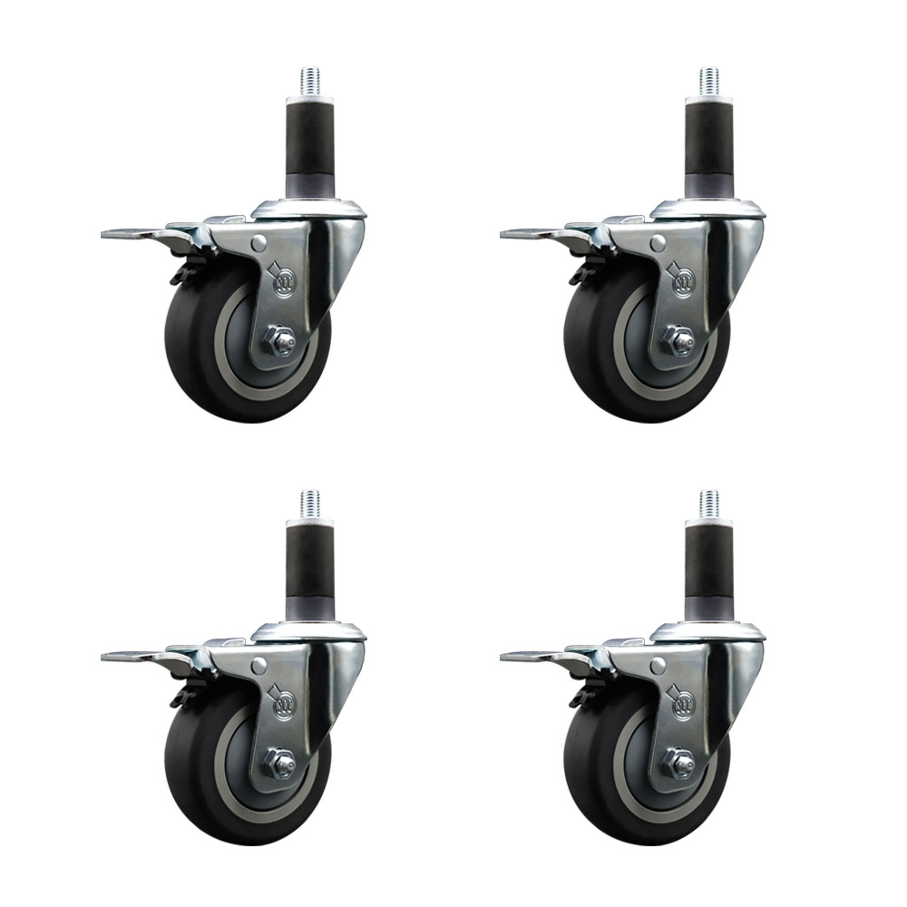 Thermoplastic Rubber Swivel Expanding Stem Caster with 3.5 in. Gray Wheels & 1.25 in. Stems 4 Swivel with Total Locking Brakes - Set of 4