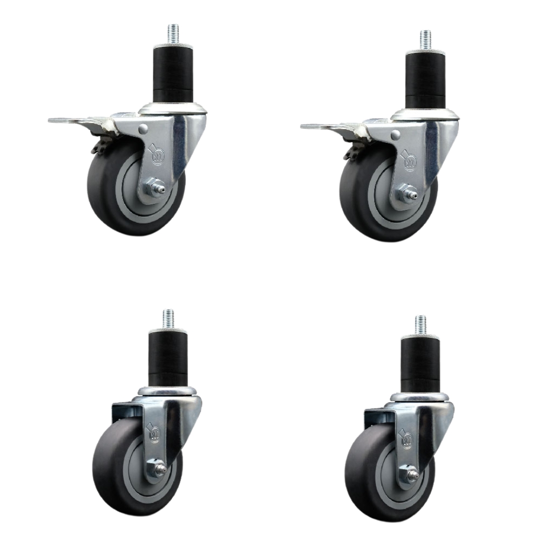 Stainless Steel Thermoplastic Rubber Swivel Expanding Stem Caster with 3.5 in. Gray Wheels & 1.75 in. Stems 2 with Total Locking Brakes - Set of 4
