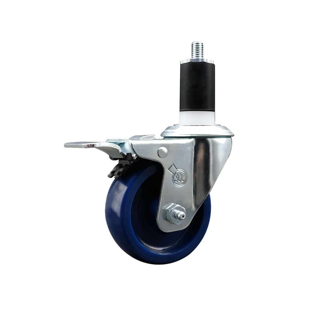 Stainless Steel Solid Polyurethane Expanding Stem Swivel Caster with 3.5 in. Blue Wheel & 1.5 in. Stem & Total Locking Brake