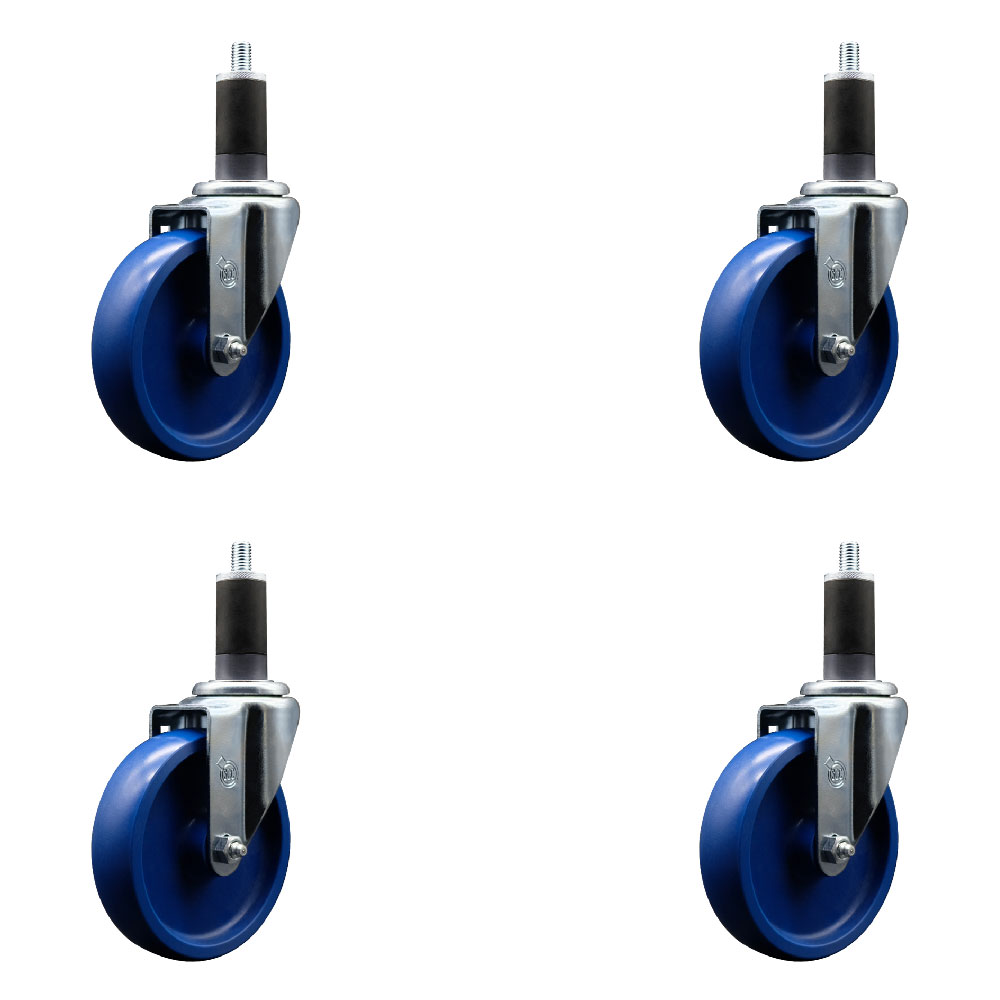 SCC-SSEX20S514-SPUS-114-4 Stainless Steel Solid Polyurethane Swivel Expanding Stem Caster with 5 in. Blue Wheels & 1.25 in. Stems - Set of 4
