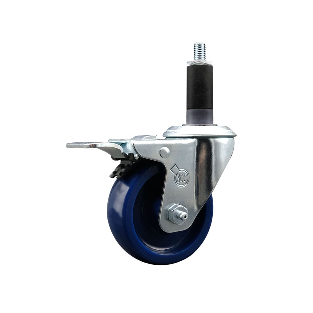 Stainless Steel Solid Polyurethane Expanding Stem Swivel Caster with 3.5 in. Blue Wheel & 1.13 in. Stem & Total Locking Brake