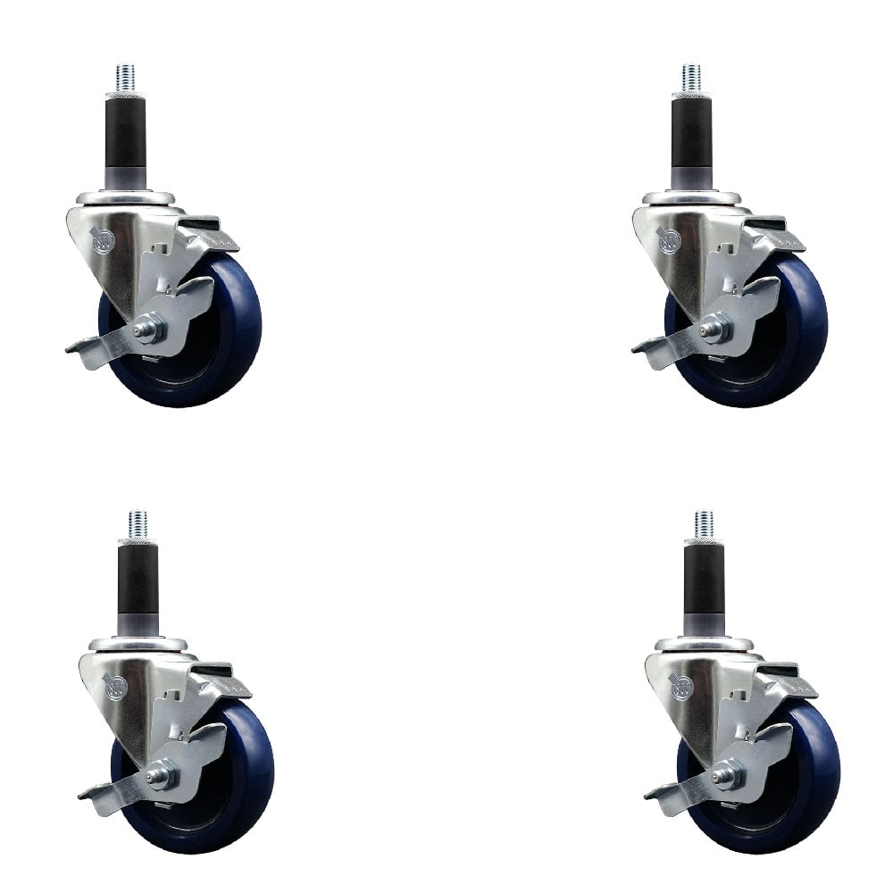 Stainless Steel Solid Polyurethane Swivel Expanding Stem Caster with 3.5 in. Blue Wheels & 1.13 in. Stems4 Swivel with Top Locking Brakes - Set of 4