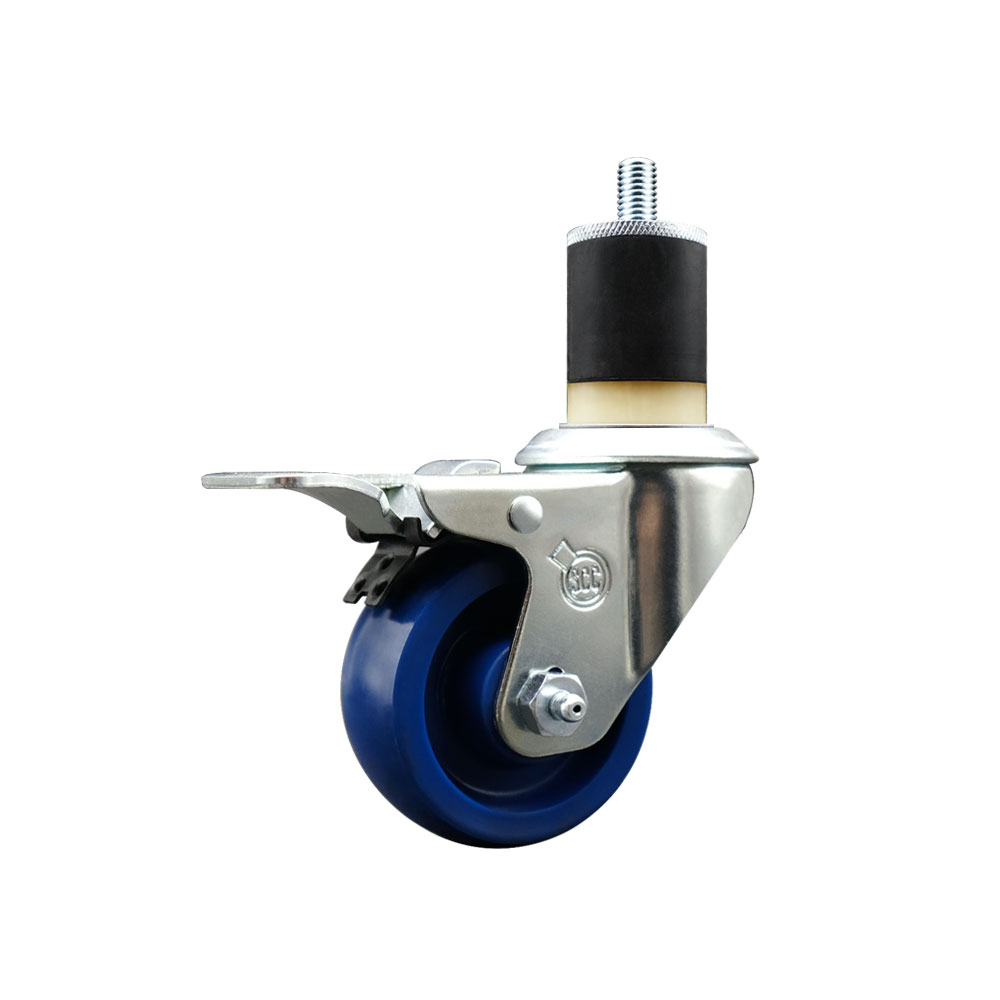 Stainless Steel Solid Polyurethane Expanding Stem Swivel Caster with 3 in. Blue Wheel & 1.87 in. Stem & Total Locking Brake